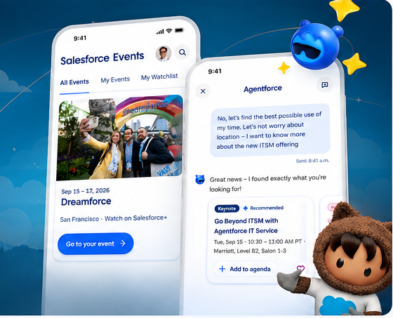 The official Salesforce Events app showing the Dreamforce event page, Agentforce session search, and session details
