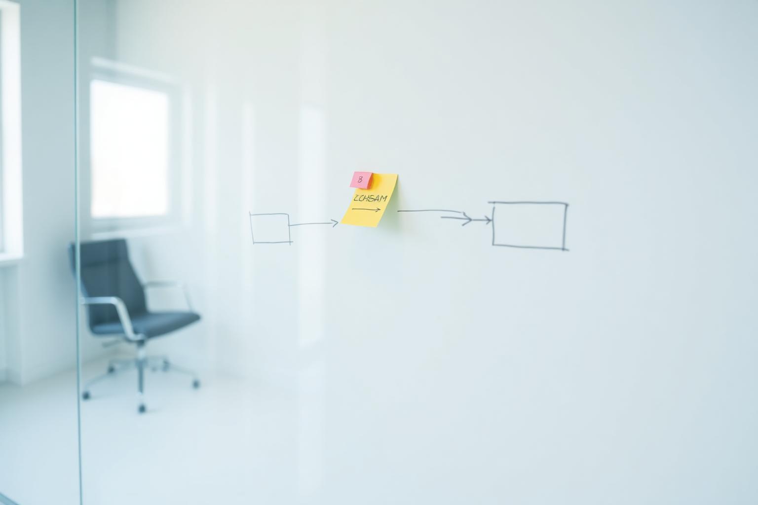 Whiteboard with workflow sketches and sticky notes from a Blueprint360 working session