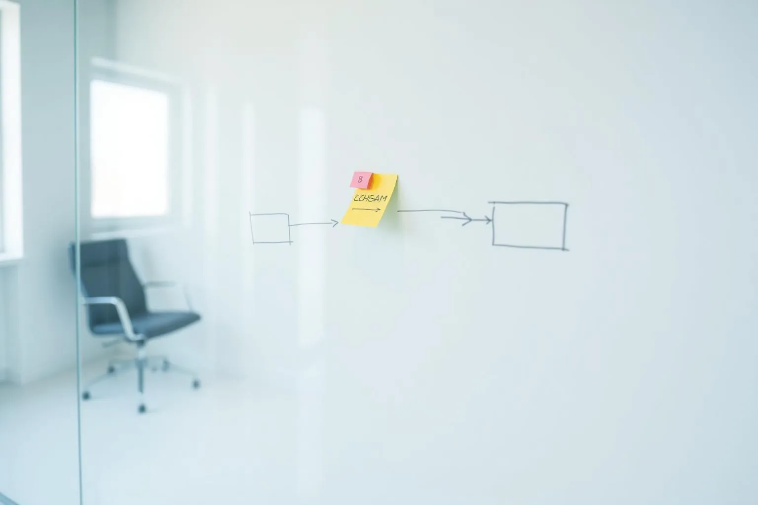 Whiteboard with workflow sketches and sticky notes from a Blueprint360 working session